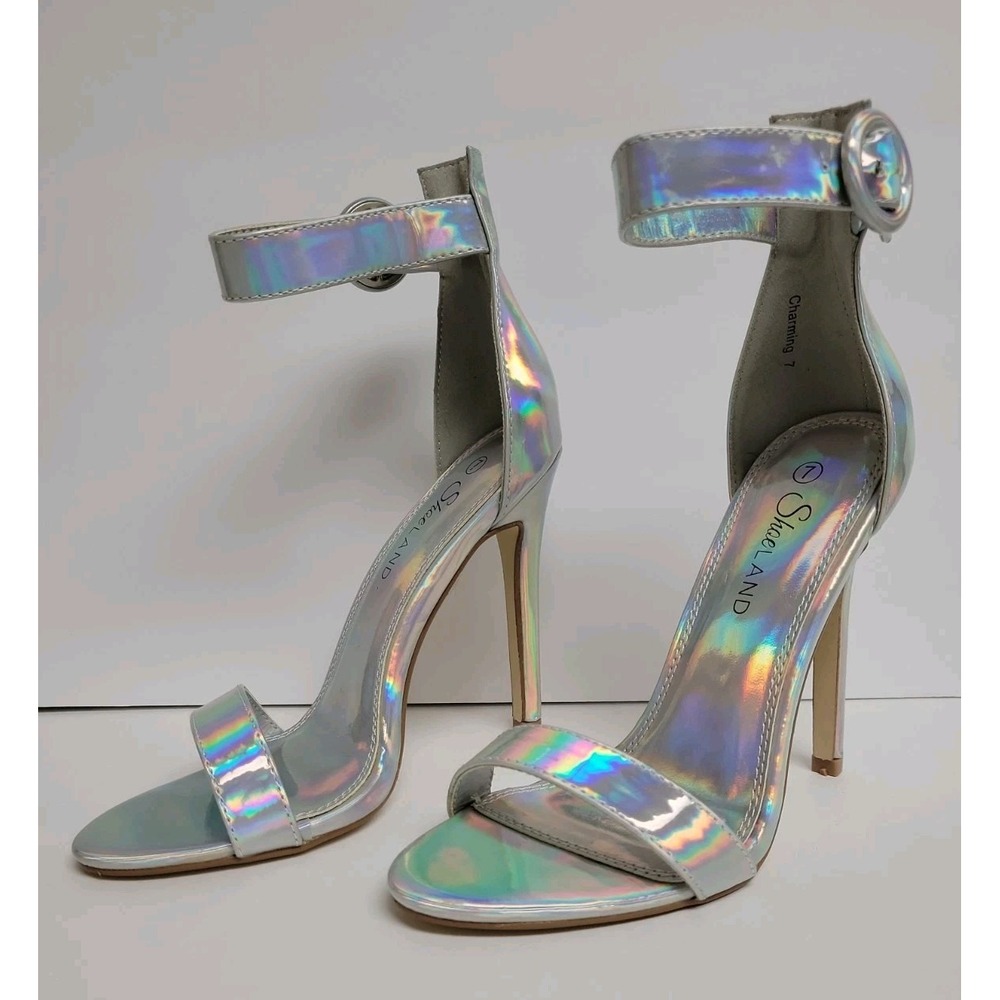 SZ 7 Silver Holographic High Heels Open Toe Ankle Strap Shoe Land Rainbow Sexy
